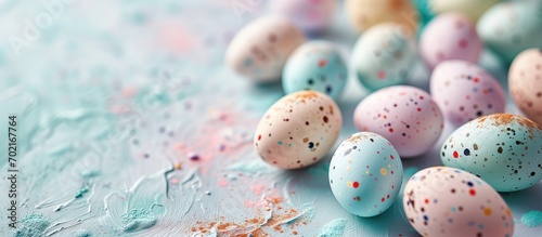Spring easter background with beautiful decorated eggs. Copy space for text