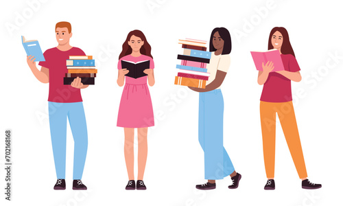set of people with books. Characters vector illustration. book reading day.