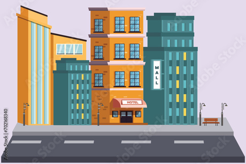 Shopping mall and hotels concept. Colored flat vector illustration isolated.