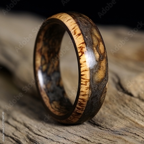 Wooden handmade ring isolated on a wooden background © Yulia