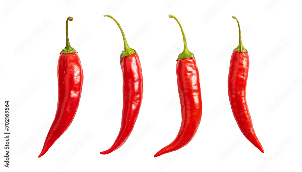 Set of 4 red chili hot pepper png, isolated on white or transparent background, collection hd