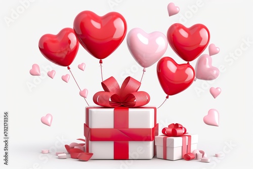 Happy valentines day decoration with gift box, heart shape balloon, 3D rendering illustration white background