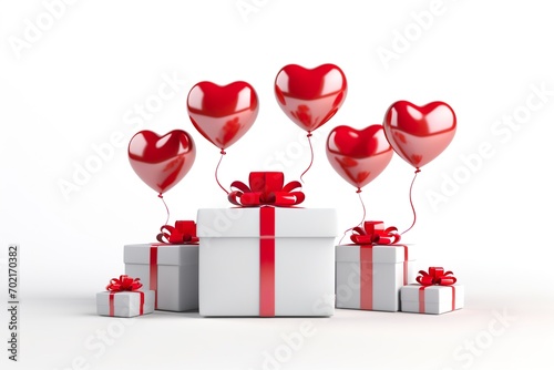 Happy valentines day decoration with gift box, heart shape balloon, 3D rendering illustration white background © JetHuynh