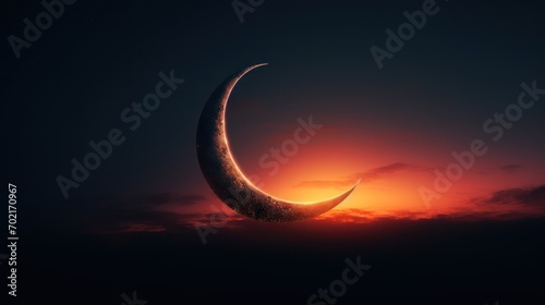 crescent moon at sunset against a landscape background