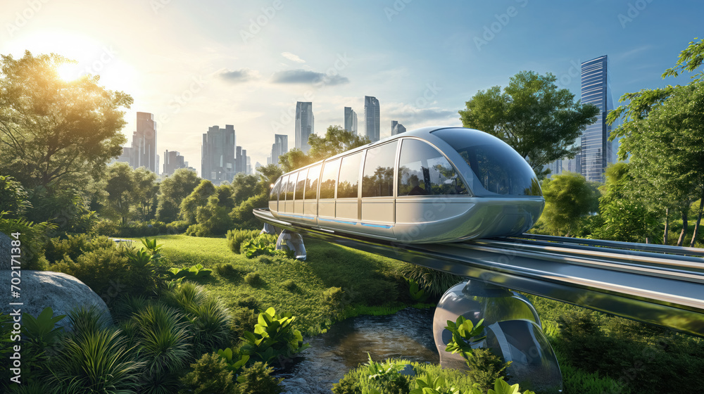 Naklejka premium Futuristic train in lush park.