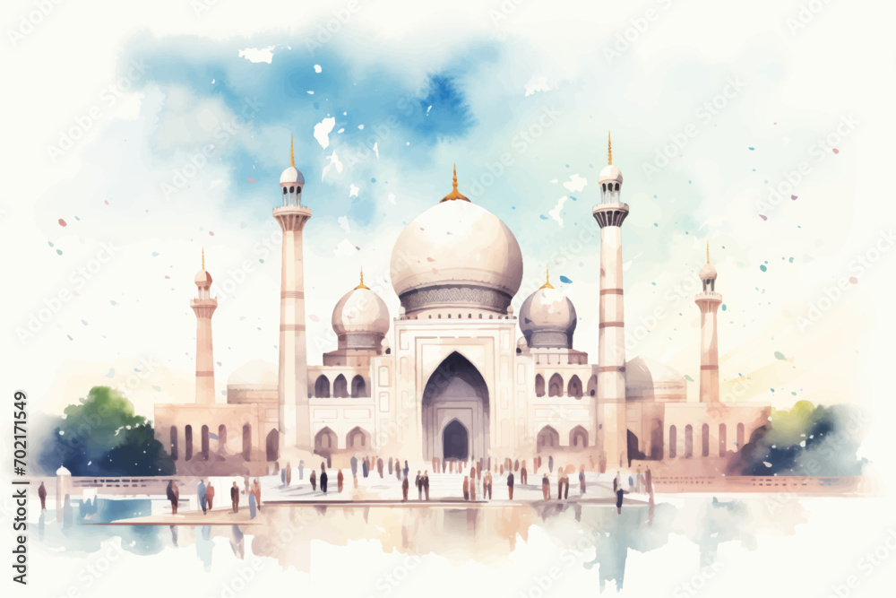 Obraz premium Ramadan Kareem greeting card with mosque silhouette. Vector illustration.