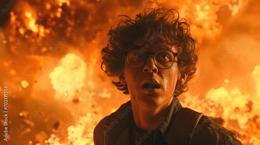 Person shocked by explosion behind. Person shocked by explosion behind.