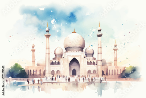 Ramadan Kareem greeting card with mosque silhouette. Vector illustration.