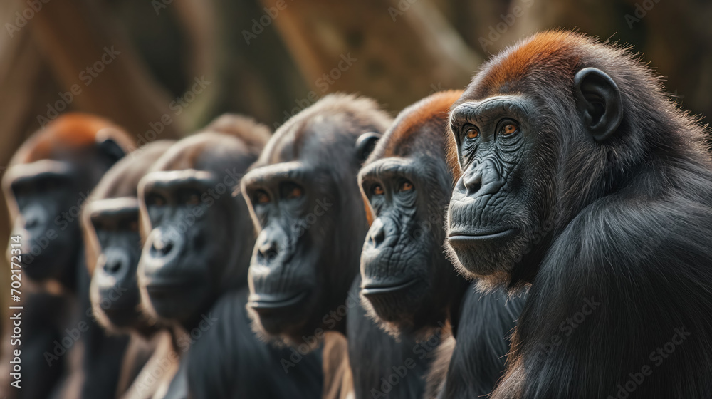 Line of primates gazing forward. Line of primates gazing forward.