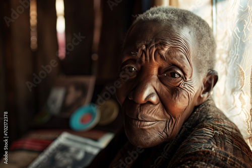 portrait of an elderly Black person. eyes reflecting generations of strength. Wrinkled Wisdom. Black history month concept. 