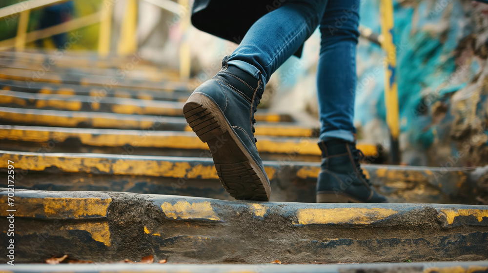 Person ascending yellow stair steps. Person ascending yellow stair steps.