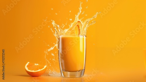 Glass of orange juice with liquid splashes on orange background photo