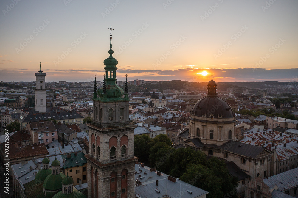 Panoramic aerial view on Lviv from drone