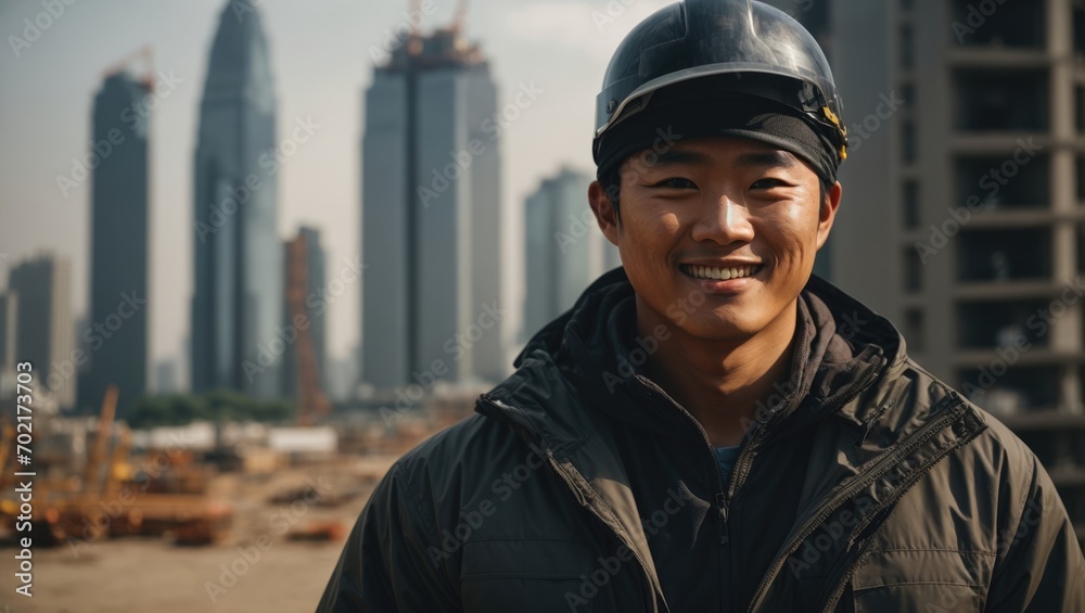 smiling construction worker on the background of skyscrapers