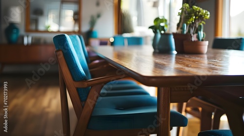 Wooden dining table and blue chairs. Scandinavian home interior design of modern dining room