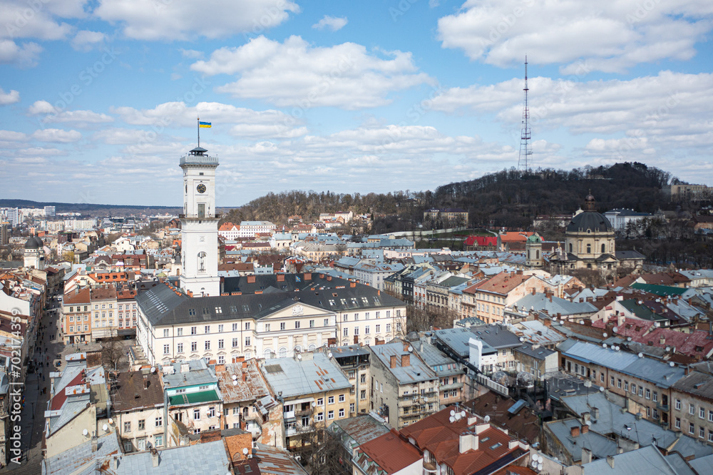 Panoramic aerial view on Lviv from drone