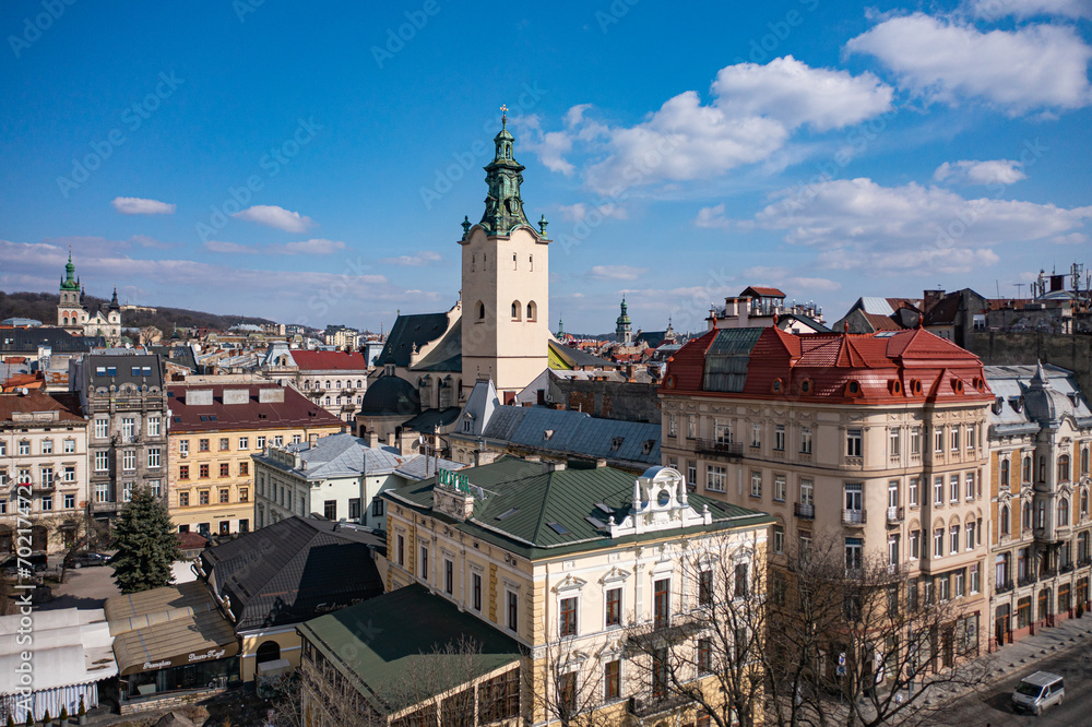 Obraz premium View on Latin Cathedral in Lviv, Ukraine from drone