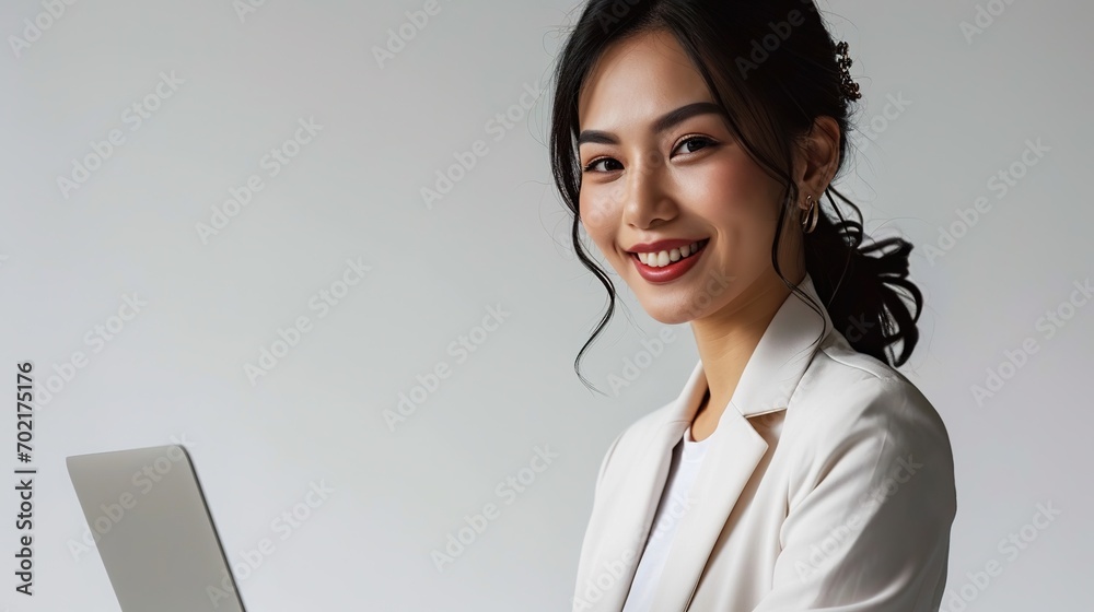 Portrait of a cheerful Asian businesswoman working on a laptop computer on a white background. Portrait of a cheerful Asian businesswoman working on a laptop computer on a white background.