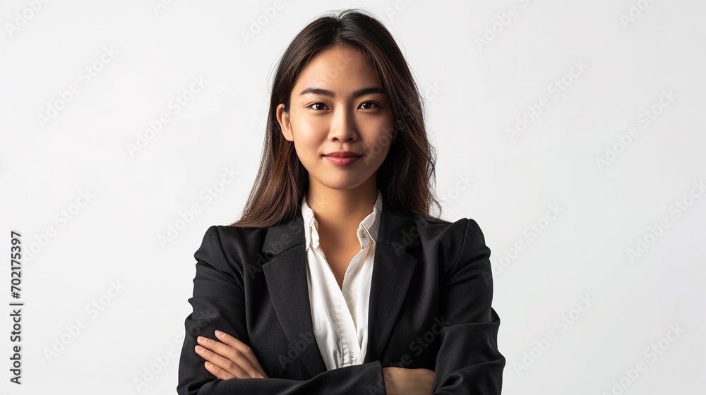Portrait of a smiling asian businesswoman standing with arms folded and looking at camera isolated over white background Portrait of a smiling asian businesswoman standing with arms folded and looking at camera isolated over white background