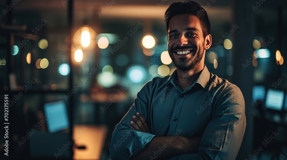 Portrait of a happy young businessman standing alone in a dark workplace late at night. Portrait of a happy young businessman standing alone in a dark workplace late at night.