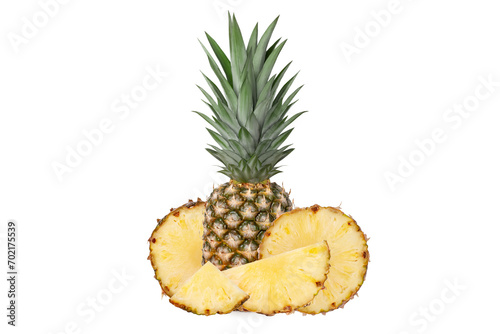 Whole juicy fresh pineapple. Pieces of pineapple half, quarter. Isolated.