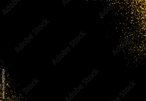 Background of golden dust bokeh powder splash at corner. Gold glitter scatter around at corners as decoration, copy space