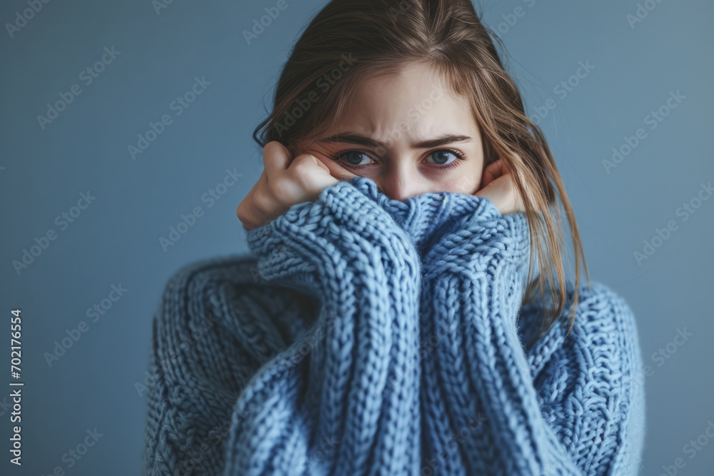 Woman in blue turtleneck knitted sweater sadly looking at camera while covering sad face. Feelings of depression, sadness, loneliness, social phobia. Winter cold. Blue Monday - obrazy, fototapety, plakaty 