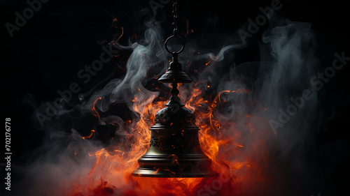 fire alarm, big bell on a black background in clouds of smoke and flames, fire alarm concept