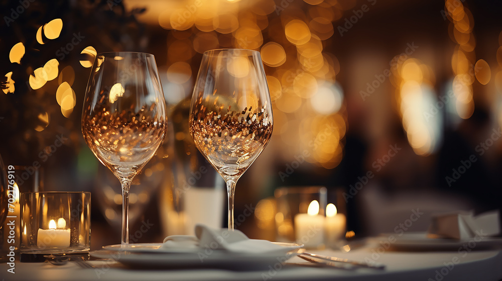 table setting with glasses on a festive evening, restaurant, christmas luxury table