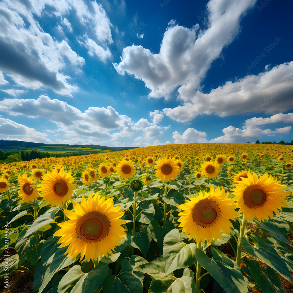 Obraz premium Sunflower field on a sunny day. Endless field covered with lots of sunflowers, cloudy sky in the backgroud