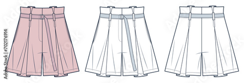 Wide Leg Shorts technical fashion illustration.  Short Pants fashion flat technical drawing template, pleats, pockets, belt, front and back view, white, peach color, women, men, unisex CAD mockup set.