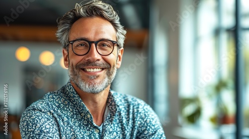 Portrait of confident businessman in business casual. Happy middle aged, mid adult, mature age man smiling. Entrepreneur in modern office. photo
