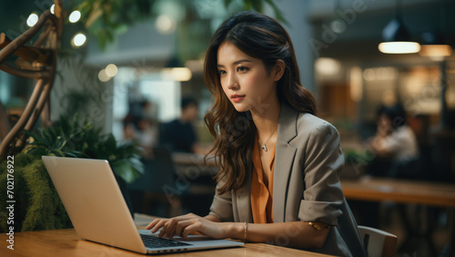 asian office worker girl sitting using laptop at desk in office space