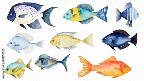 sea fish, collection, set, watercolor illustration isolated on a white background multicolored sea fish