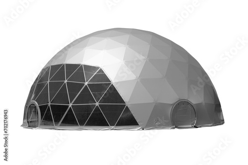 Space base spherical tent, white and grey round plastic round building on white background.