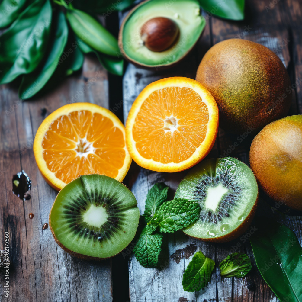 Assorted fresh fruits with orange, kiwi, avocado, and mint on rustic wooden table, healthy food concept, top view.