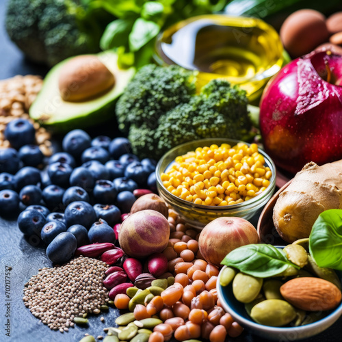 A balanced set of products: berries, vegetables, legumes, nuts, avocados, cereals, for a healthy diet.