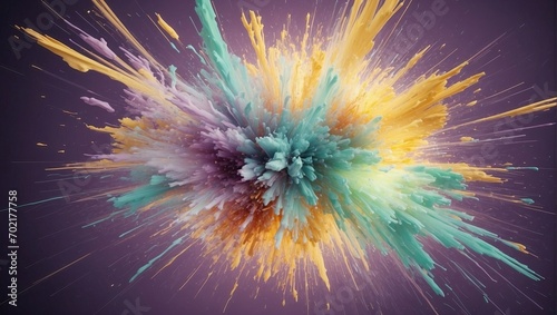 Vibrant abstract burst of yellow  purple  and teal particles exploding from the center on a dark violet background.
