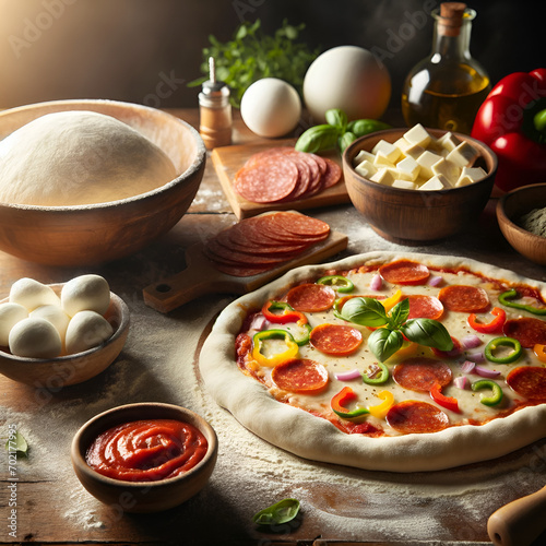 Italian pizza, vegetables, ingredients on a wooden table