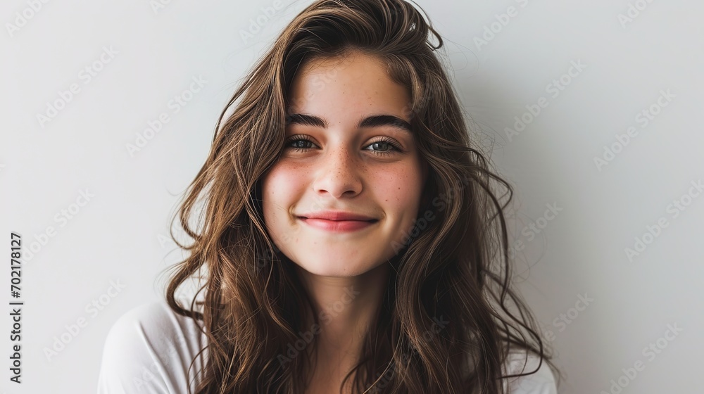 Portrait of young beautiful brunette girl smiling looking at camera over white background. Portrait of young beautiful brunette girl smiling looking at camera over white background.