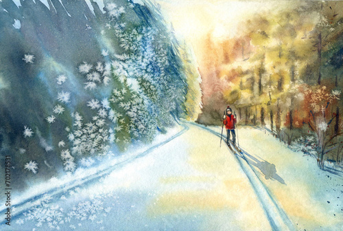 Beautiful winter landscape painted in watercolors on paper