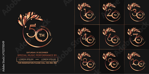 set of anniversary logotype copper color with swoosh and ornament for special celebration event