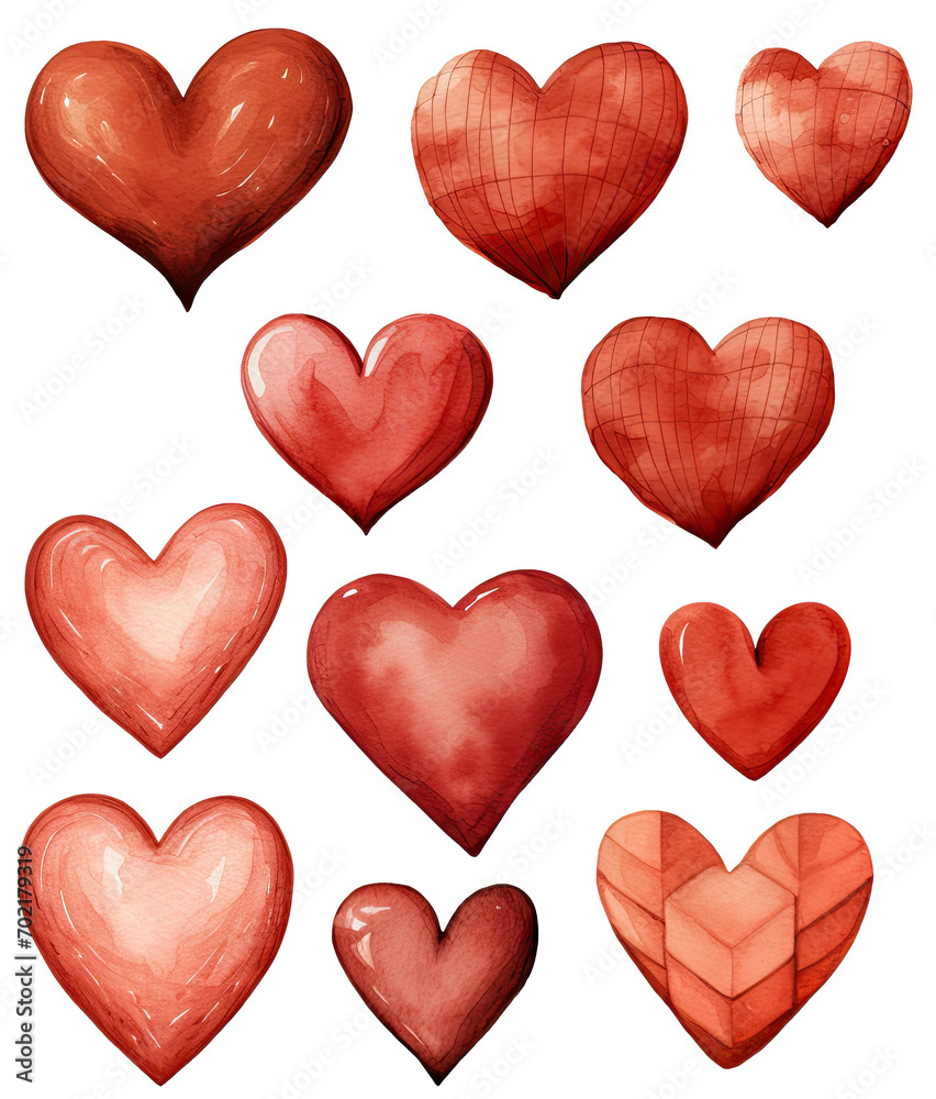 Collection of watercolor red hearts, Valentine's Day