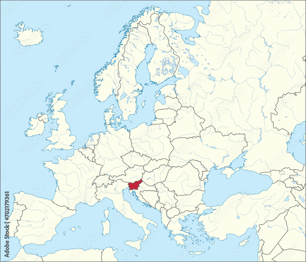 Fototapeta premium Red CMYK national map of SLOVENIA inside detailed beige blank political map of European continent with rivers and lakes on blue background using Mercator projection