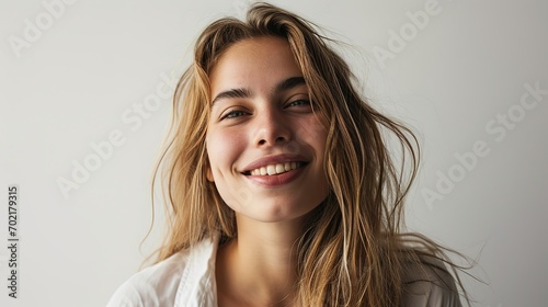 Pretty smiling joyfully female with fair hair, dressed casually, looking with satisfaction at camera