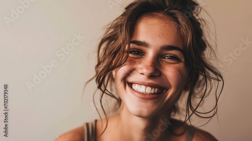 Pretty smiling joyfully female with fair hair, dressed casually, looking with satisfaction at camera, being happy. Studio shot of good-looking beautiful woman isolated against blank studio wall