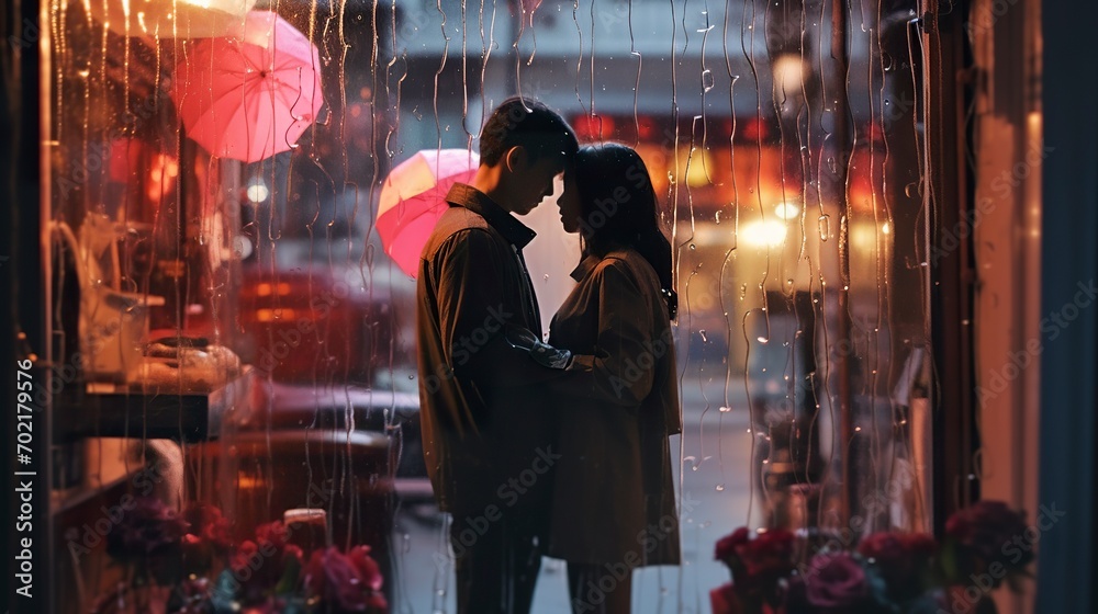 Romantic Couple Embracing in Rain with Umbrella