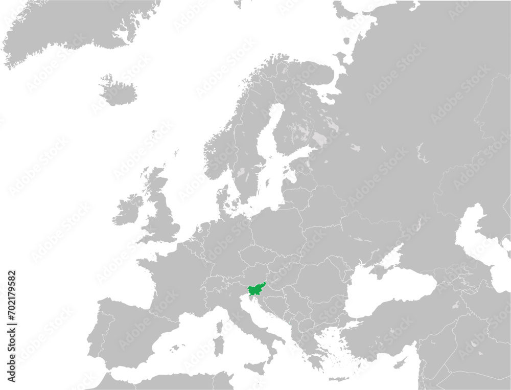 Obraz premium Green CMYK national map of SLOVENIA inside detailed gray blank political map of European continent with lakes on transparent background using Mercator projection