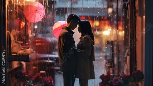 Romantic Couple Embracing in Rain with Umbrella