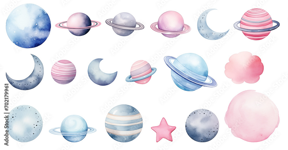 custom made wallpaper toronto digitalCollection of cute watercolor planets, pastel colors